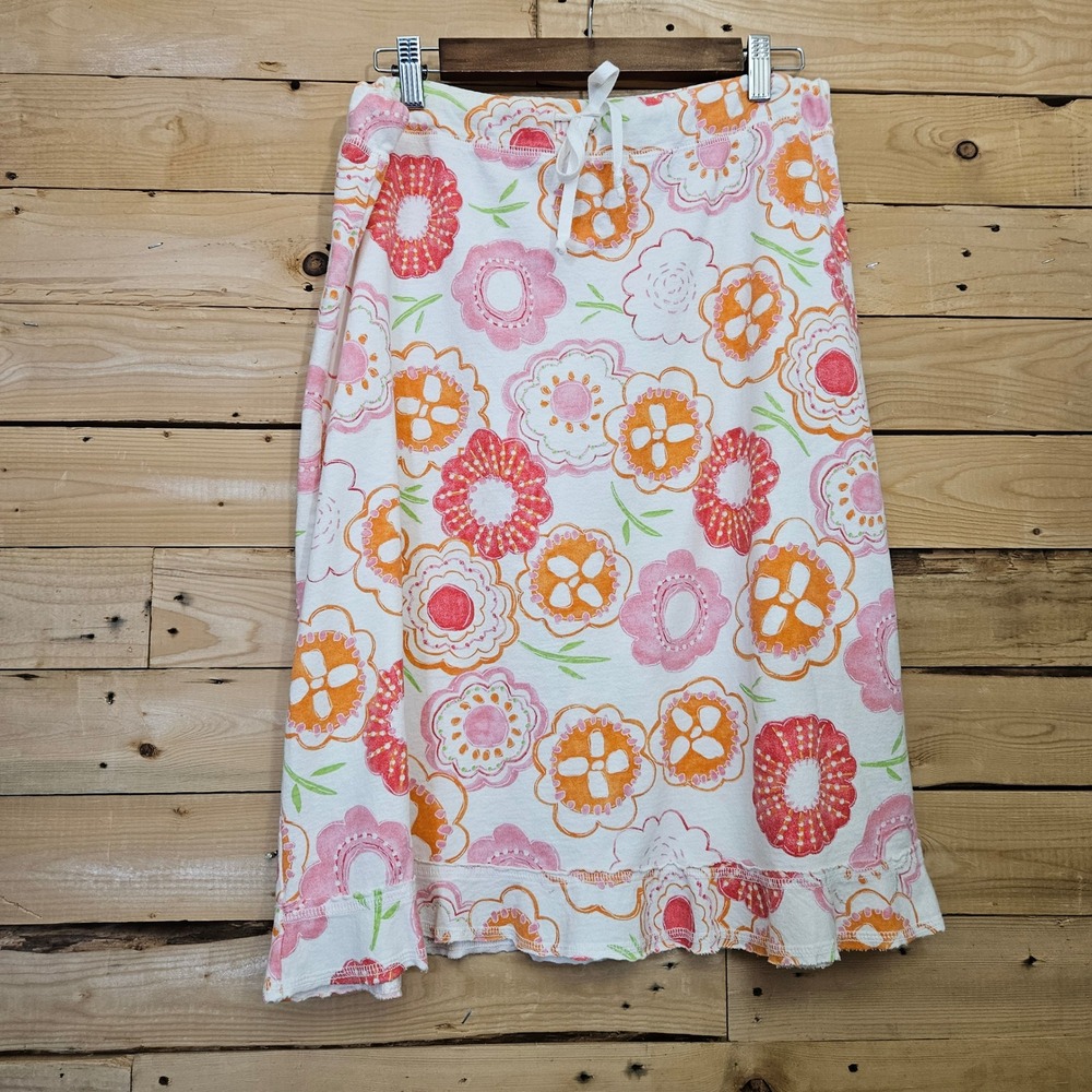 Fresh Produce Floral Cotton Skirt Large Pink Orange White Ruffle Hem Made in USA